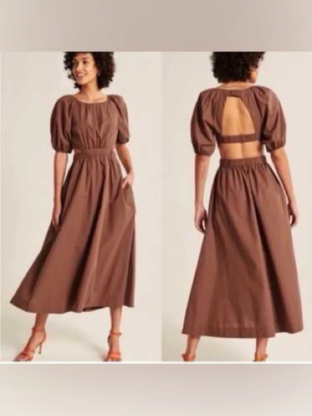 Abercrombie Ruched Puff Sleeve Cutout Midi Dress S Petite Brown Poplin Romantic